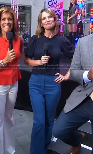 Savannah’s navy smocked top and blue pants on Today