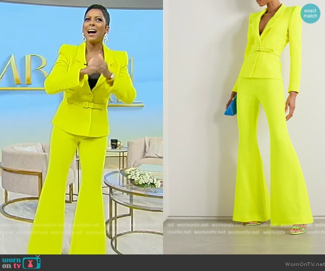 Sergio Hudson Belted neon wool-crepe blazer worn by Tamron Hall on Tamron Hall Show
