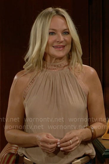Sharon’s beige embroidered top on The Young and the Restless