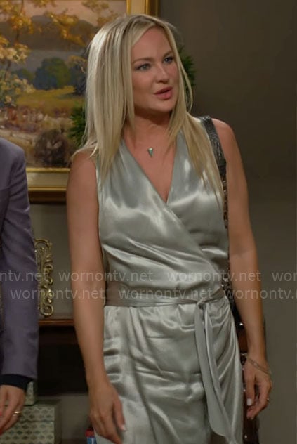 Sharon’s long green silky wrap dress on The Young and the Restless