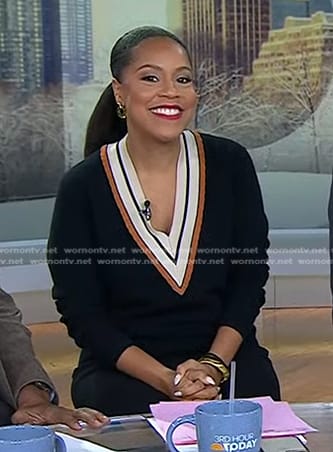 Sheinelle’s black v-neck varsity sweater on Today