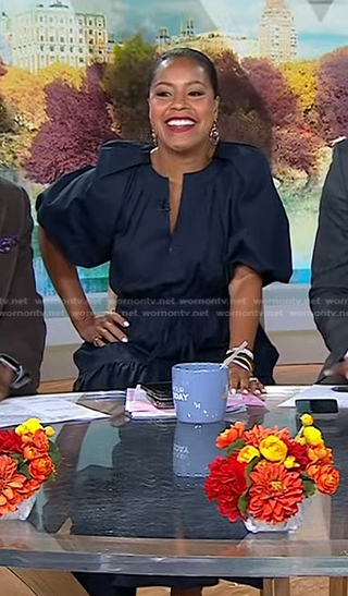 Sheinelle’s navy puff sleeve midi dress on Today
