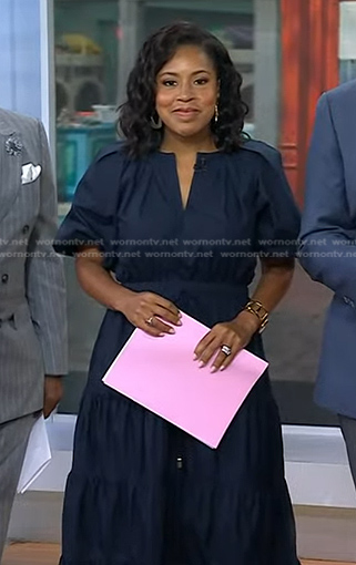 Sheinelle’s navy puff sleeve midi dress on Today