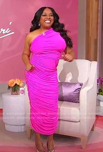 Sherri’s pink ruched one shoulder dress on Sherri