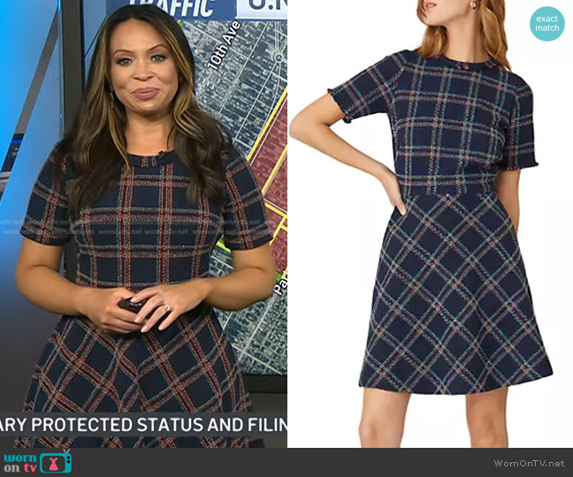 Shoshanna Lana Plaid Fray Dress in Navy Poppy worn by Adelle Caballero on Today