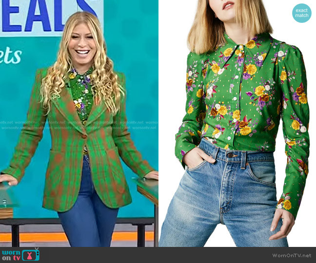 Smythe Floral Print Metallic Box Pleat Shirt in Kelly Green Multi worn by Jill Martin on Today