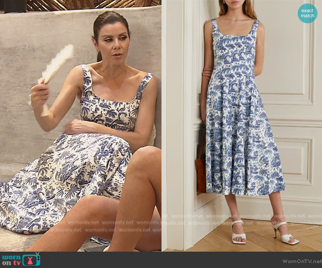 Staud Wells pleated printed stretch-cotton poplin midi dress worn by Heather Dubrow on The Real Housewives of Orange County