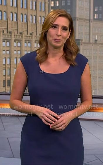 Stephanie Abrams’ navy scoop-neck sheath dress on CBS Mornings