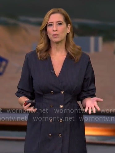 Stephanie Abrams’ navy double-breasted dress on CBS Mornings