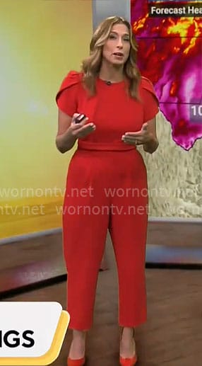 Stephanie Abram’s red tulip sleeve jumpsuit on CBS Mornings