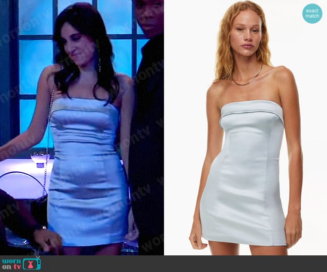 Sunday Best Shimmer Satin Tube Dress in Sterling Blue worn by Molly Lansing-Davis (Kristen Vaganos) on General Hospital