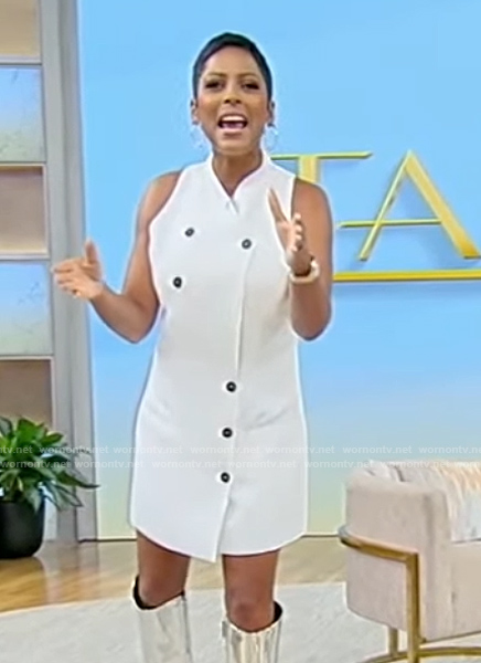 Tamron’s white sleeveless mini dress on Tamron Hall Show
