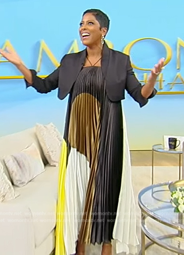 Tamron’s pleated colorblock dress on Tamron Hall Show