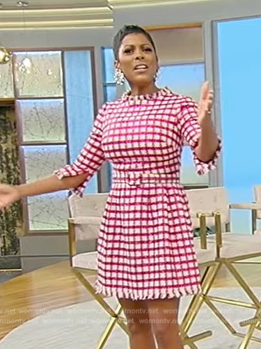 Tamron’s belted check print tweed dress on Tamron Hall Show