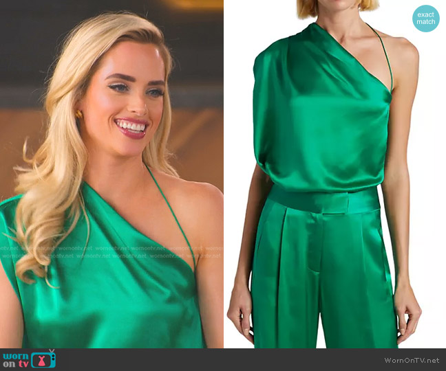 The Sei Strappy Drape Silk Top in Emerald worn by Alexandra Jarvis (Alexandra Jarvis) on Selling the OC