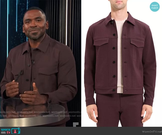 Theory River Stretch Neoteric Twill Trucker Jacket worn by Justin Sylvester on E! News