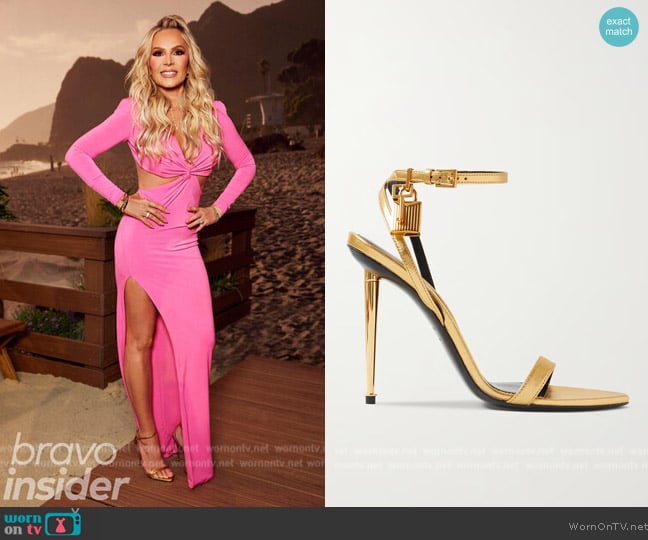 Tom Ford Padlock metallic leather sandals worn by Tamra Judge on The Real Housewives of Orange County