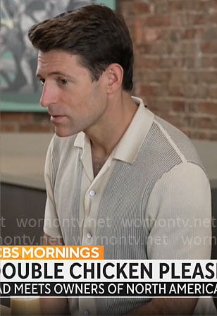 Tony Dokoupil’s ivory knit button down shirt on CBS Mornings