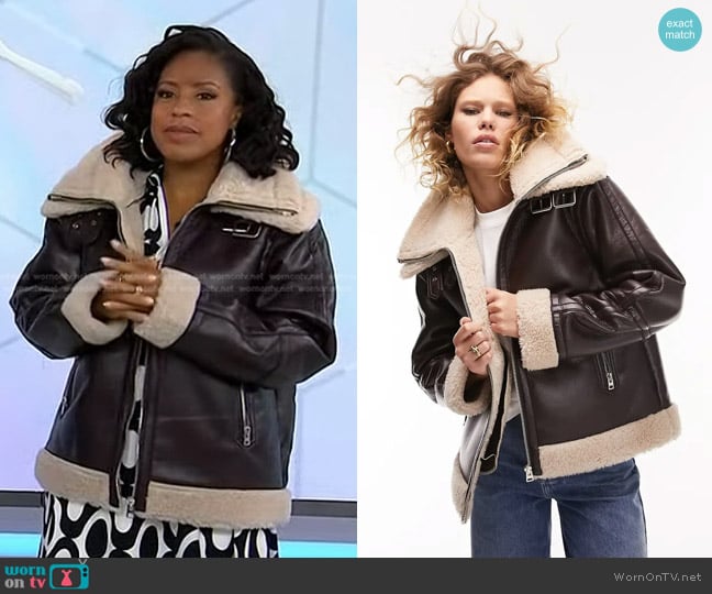 Topshop Oversize Faux Leather Aviator Jacket with Faux Shearling Trim worn by Sheinelle Jones on Today