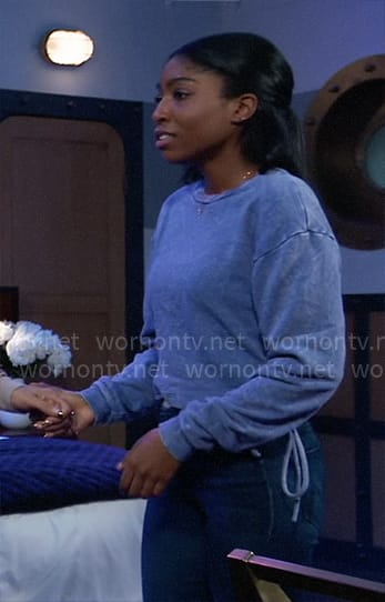 Trina’s blue drawstring sweatshirt on General Hospital