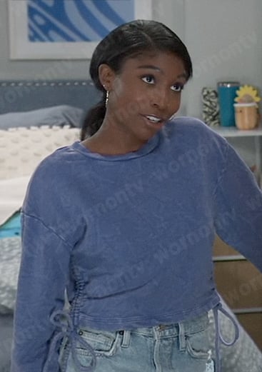 Trina’s blue drawstring sweatshirt on General Hospital