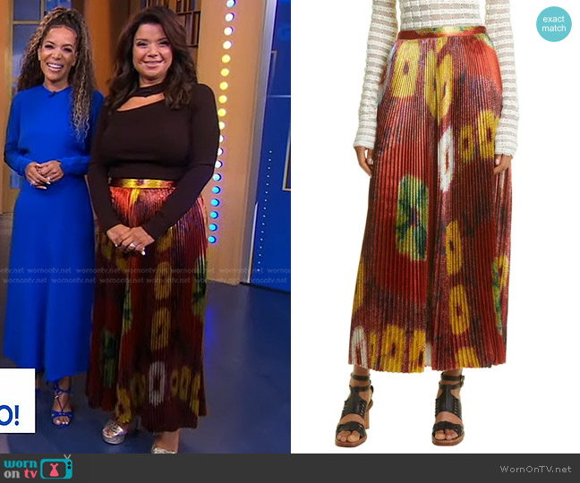 Ulla Johnson Rami Pleated Satin Skirt in Medallion worn by Ana Navarro on Good Morning America
