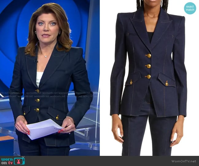 Veronica Beard Anoki Denim Dickey Jacket worn by Norah O'Donnell on CBS Evening News