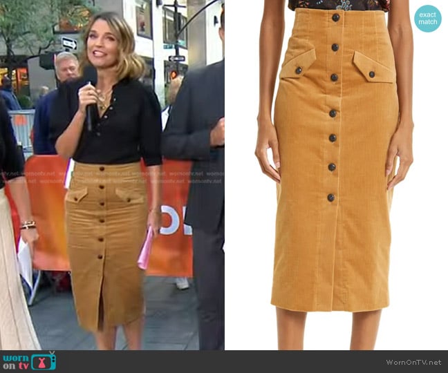 Veronica Beard Barrie Corduroy Midi Skirt in Khaki worn by Savannah Guthrie on Today