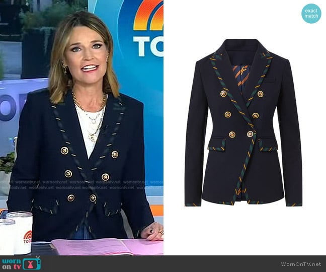 Veronica Beard Miller Striped Piping Dickey Jacket in Navy worn by Savannah Guthrie on Today