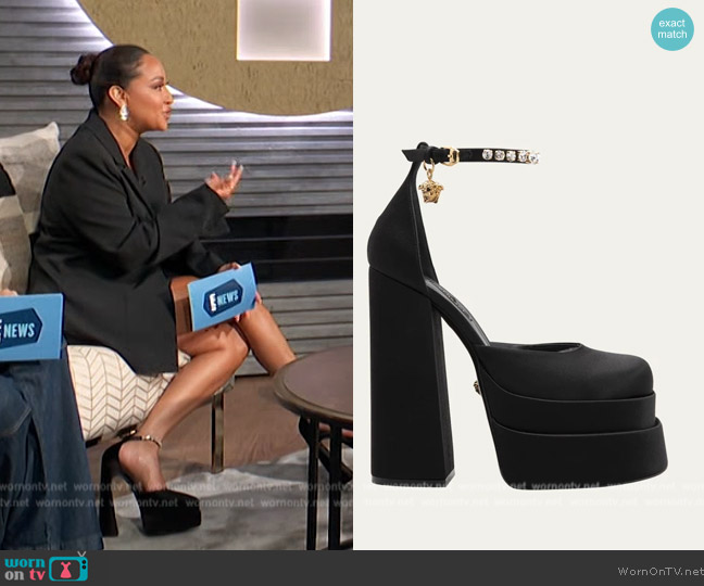 Versace 155mm La Medusa Platform Satin Mary Janes worn by Adrienne Houghton on E! News