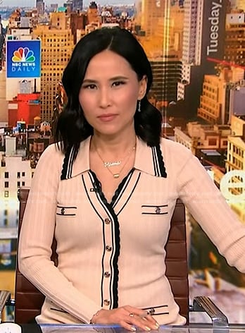 Vicky’s ivory contrast trim ribbed dress on NBC News Daily