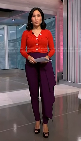 Vicky’s red cardigan and purple draped side pants on NBC News Daily