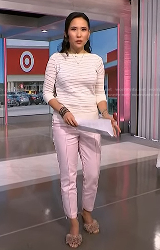 Vicky’s white striped studded shoulder sweater and pink pants on NBC News Daily