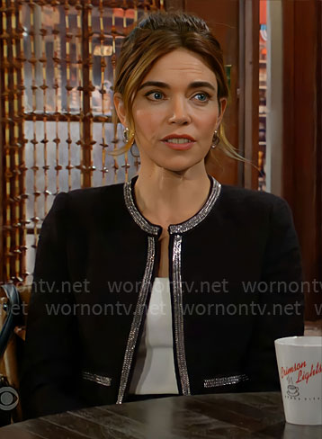 Victoria’s black jacket with silver trim on The Young and the Restless
