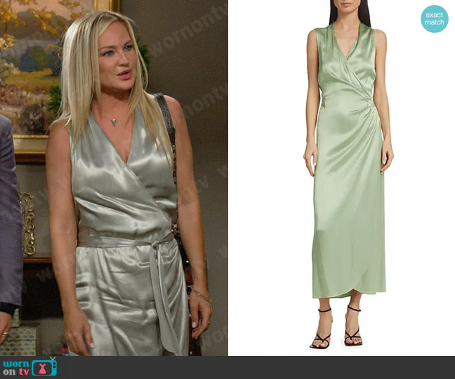 Vince Satin Wrap Dress in Glass worn by Sharon Newman (Sharon Case) on The Young and the Restless