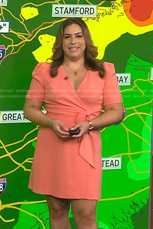 Violeta Yas’s coral pink wrap mini dress on NBC News Daily