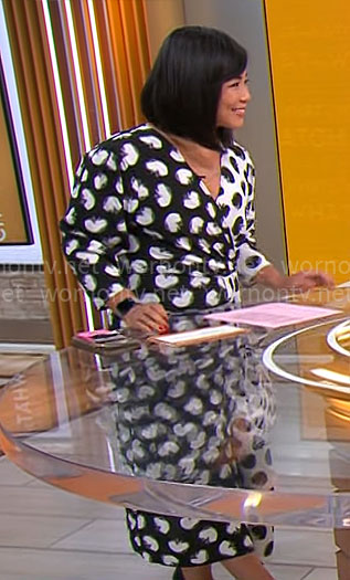 Weijia Jiang’s black and white printed wrap dress on CBS Mornings