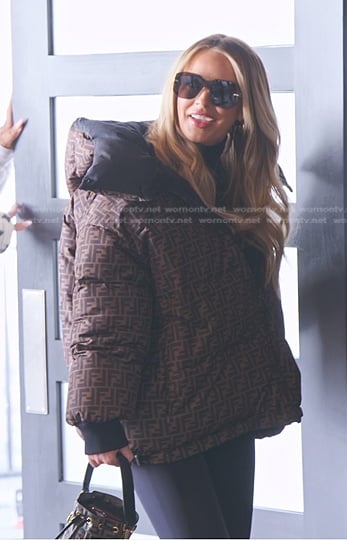 Whitney’s brown monogram puffer jacket on The Real Housewives of Salt Lake City