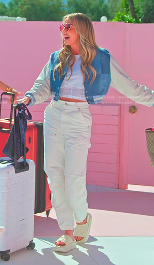 Whitney’s blue colorblock bomber jacket and white pants on The Real Housewives of Salt Lake City