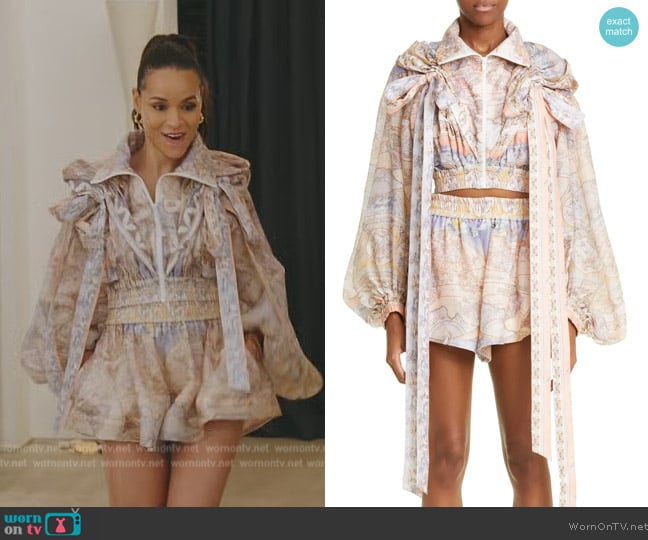 Zimmermann Odyssey Print Hooded Crop Linen & Silk Zip Jacket worn by Sai De Silva on The Real Housewives of New York City