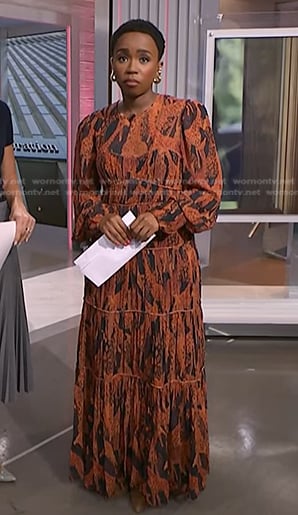 Zinhle’s orange giraffe print maxi dress on NBC News Daily