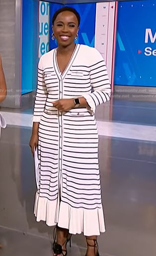 Zinhle’s white striped v-neck dress and sandals on NBC News Daily