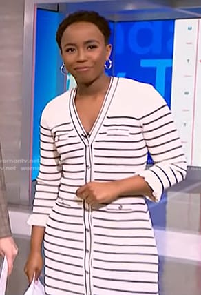 Zinhle’s white striped v-neck dress and sandals on NBC News Daily