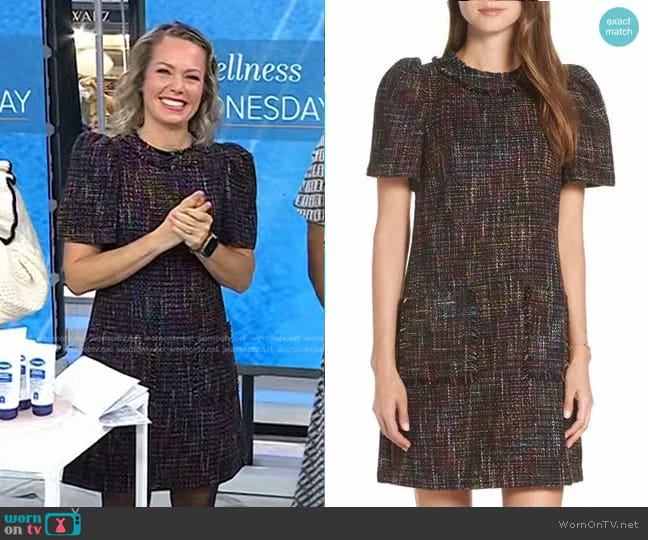 1901 Puff Sleeve Tweed Fringe Front Pocket Shift Dress worn by Dylan Dreyer on Today