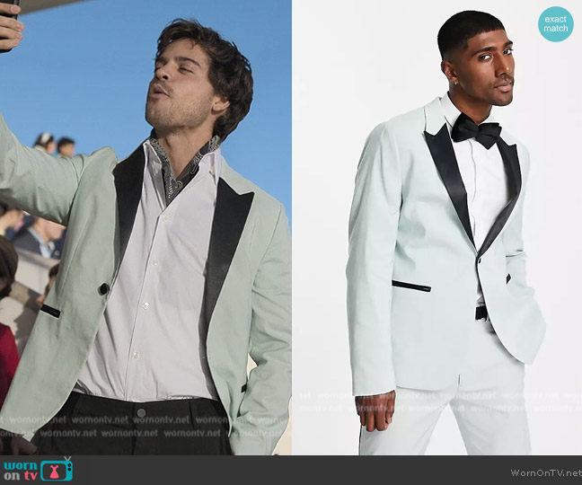 ASOS Skinny tuxedo suit jacket in green worn by Raúl (Alex Pastrana) on Elite