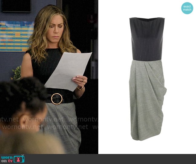 Alexander McQueen Draped detail midi dress worn by Alex Levy (Jennifer Aniston) on The Morning Show