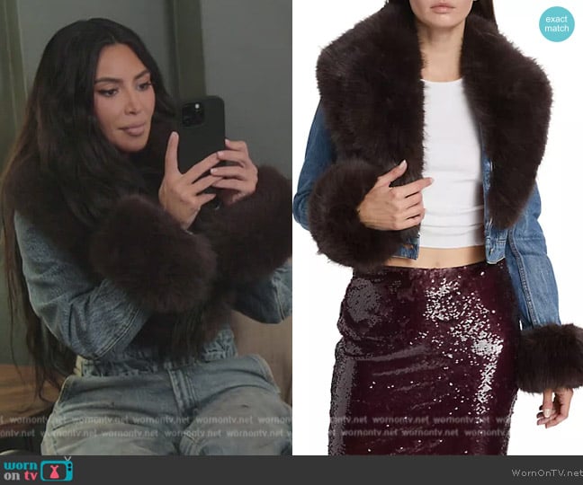 Alexander Wang Cropped faux fur-trimmed denim jacket worn by Kim Kardashian (Kim Kardashian) on The Kardashians