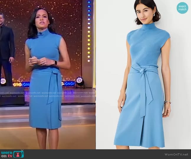 Ann Taylor Wide Shoulder Mock Neck Sweater Shell in Fresh Water worn by Linsey Davis on Good Morning America