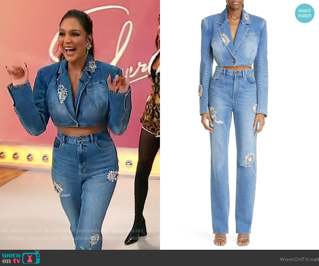 Area Distressed Crystal Detail Crop Denim Blazer worn by Jessel Taank on Sherri