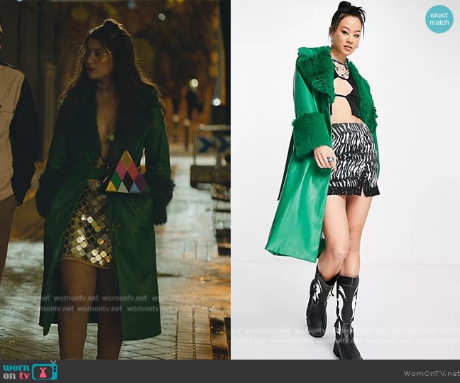 Bershka Faux fur trim tie waist coat in green worn by (Nadia Al Saidi) on Elite